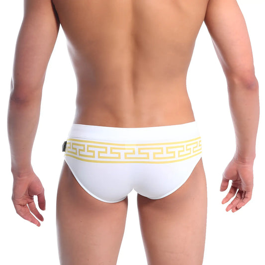White MetroMaleWear Athen swim brief with bold yellow Greek key pattern waistband in lightweight swim fabric