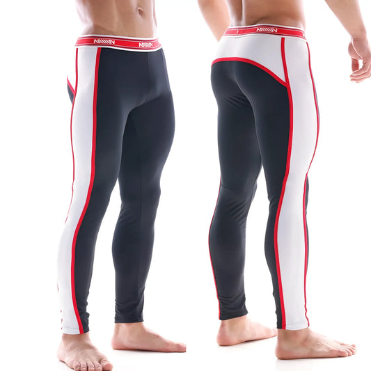 Black and white snug fit athletic leggings with red trim and ashny waistband from MetroMaleWear 2053-20