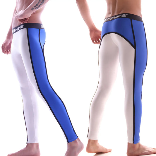 MetroMaleWear athletic pants white 2053-00 blue and white snug fit leggings with black trim and menwear logo waistband