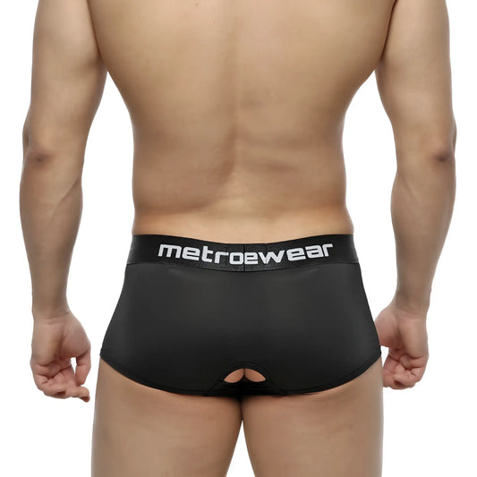 Black metrowear men’s briefs with white logo band and back cutout metro malewear atope trunk black 7023-20 back view