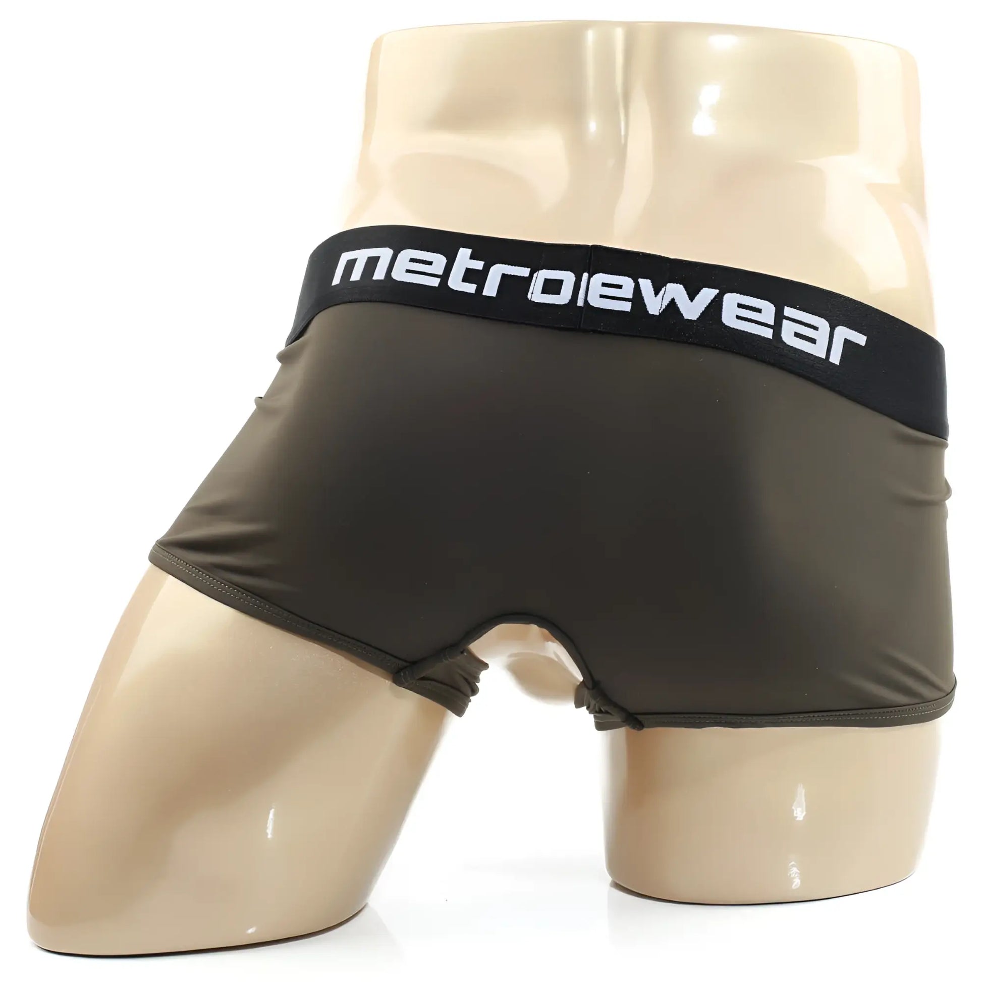 Dark olive green metrowear boxer briefs with black waistband and white lettering from MetroMaleWear Atope Trunk Khaki 7023-26