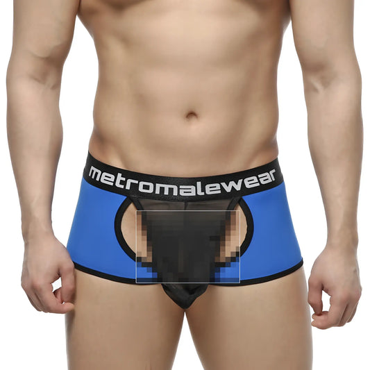 Blue and black mesh briefs with branded waistband by metromalewear atoip trunk royal 7023-18 front view