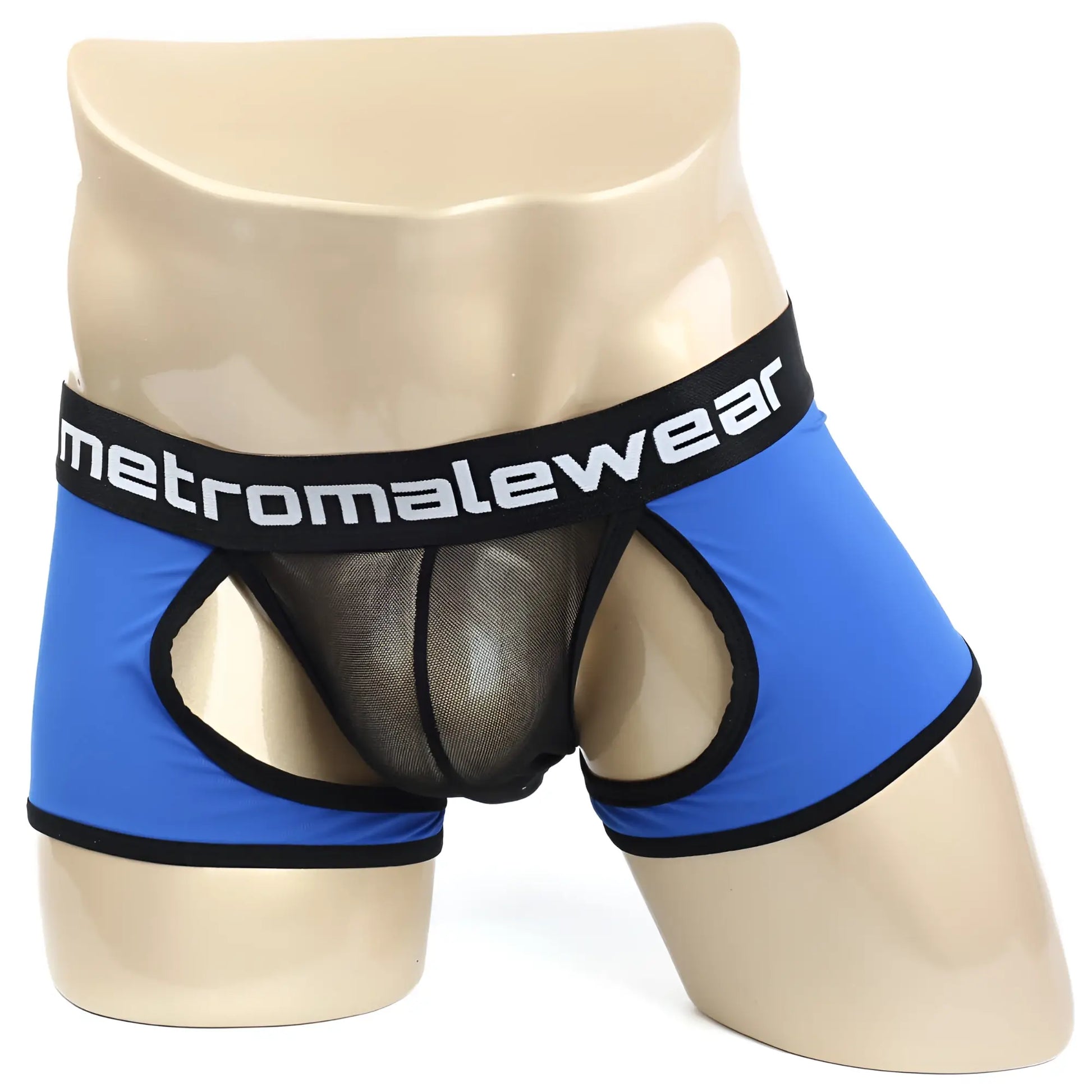 Blue and black mesh briefs with metromalewear logo waistband metro malewear atope trunk royal 7023-18