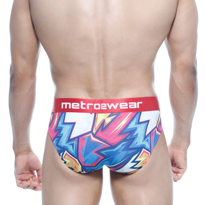 MetroMaleWear Atractivo hip brief in vibrant pink blue and yellow lightning bolts with red metro2wear waistband
