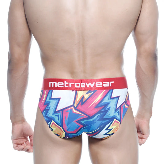 MetroMaleWear Atractivo hip brief in vibrant pink blue and yellow lightning bolts with red metro2wear waistband
