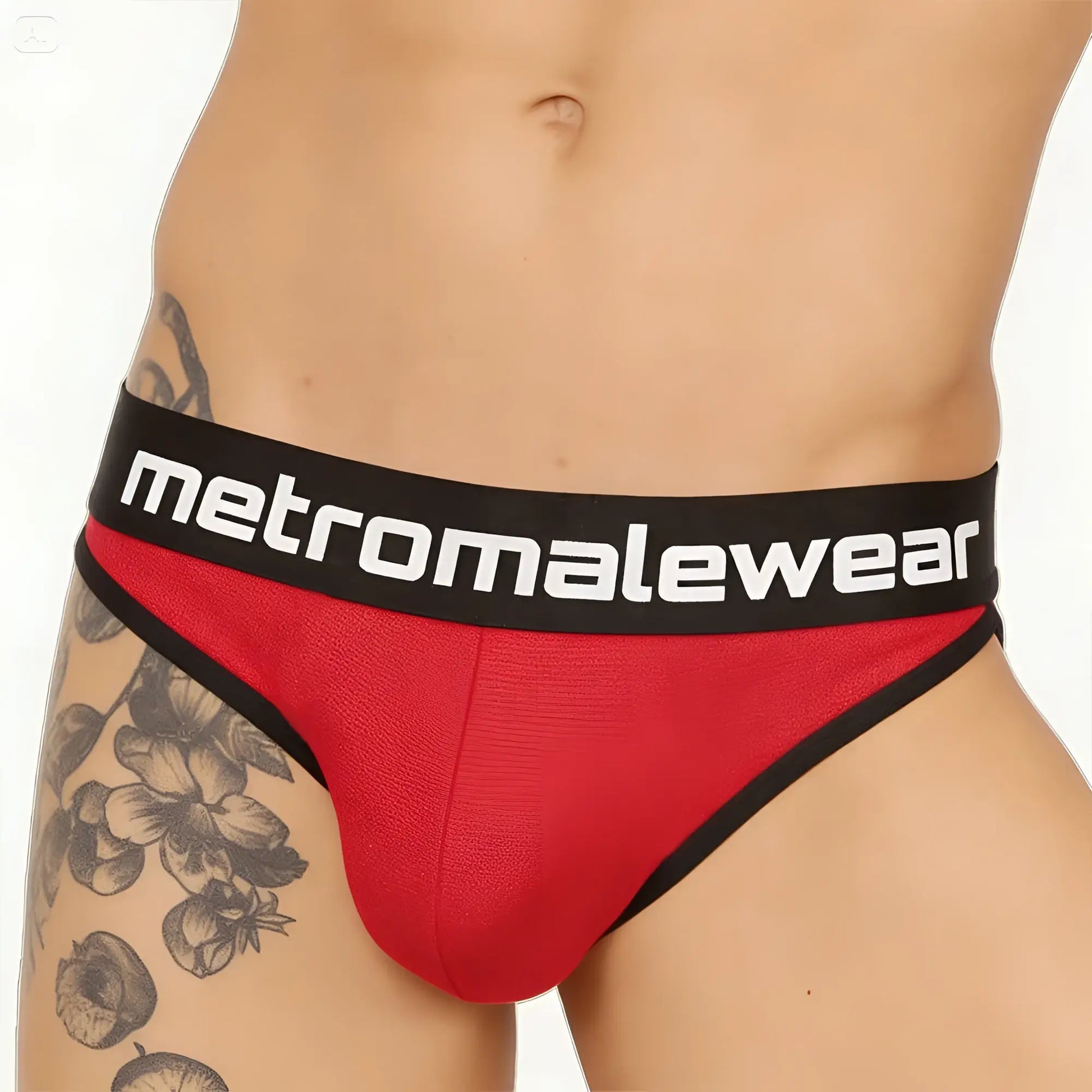 MetroMaleWear Audace bikini briefs in red and black with textured fabric finish shown from the back side