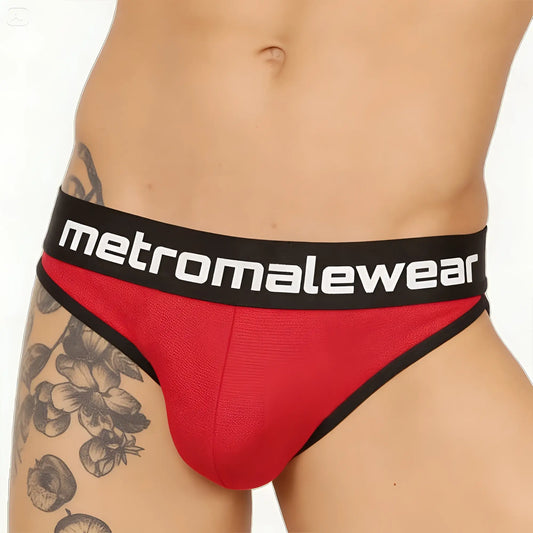 MetroMaleWear Audace bikini briefs in red and black with textured fabric finish shown from the back side
