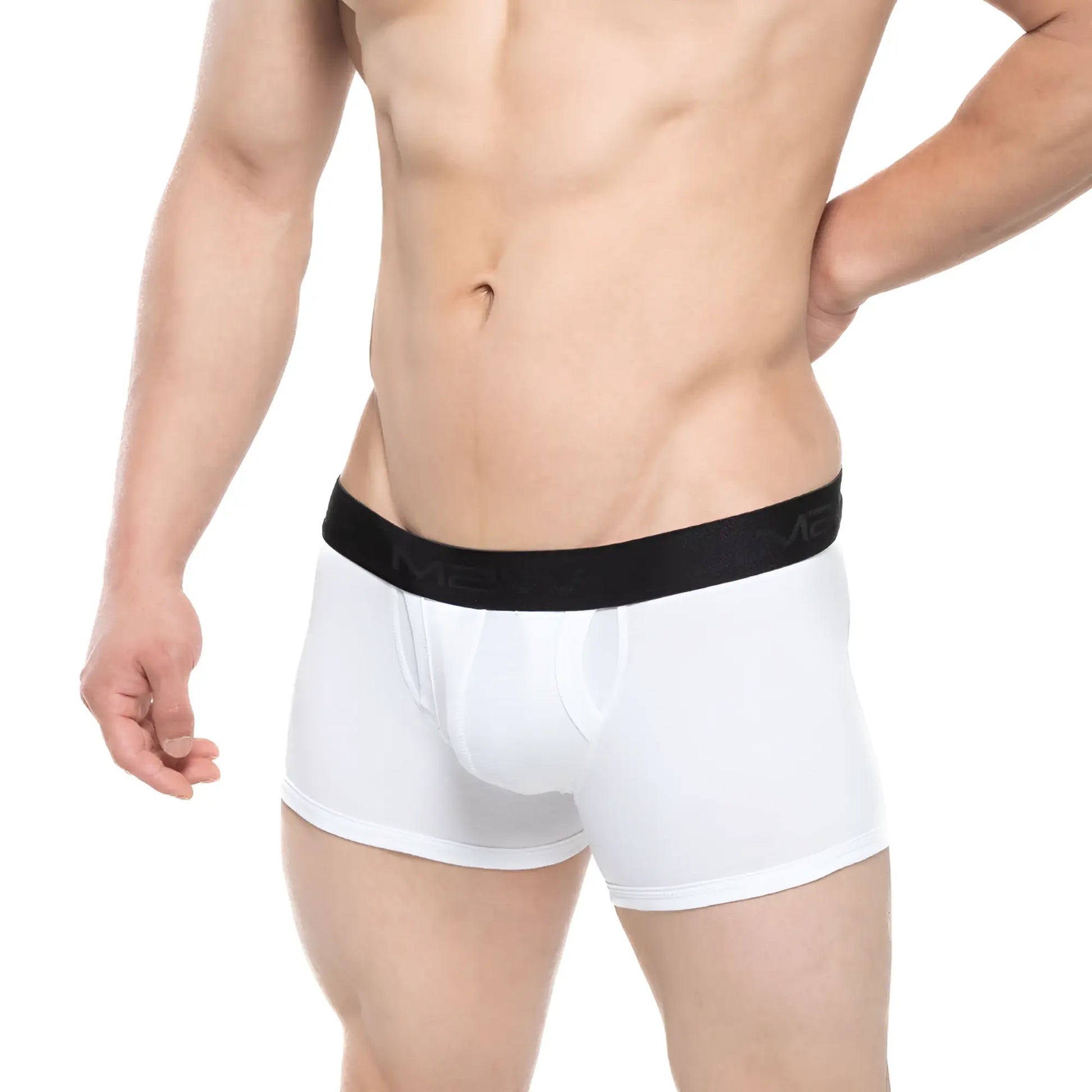 White boxer briefs with black elastic waistband and subtle branding from MetroMaleWear Avalon 3034-00