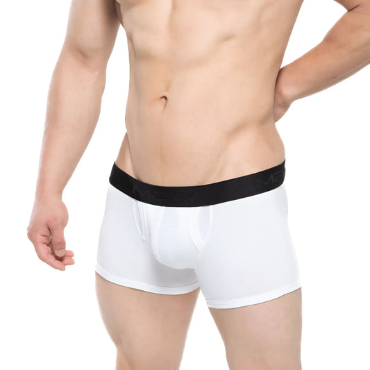 White boxer briefs with black elastic waistband and subtle branding from MetroMaleWear Avalon 3034-00