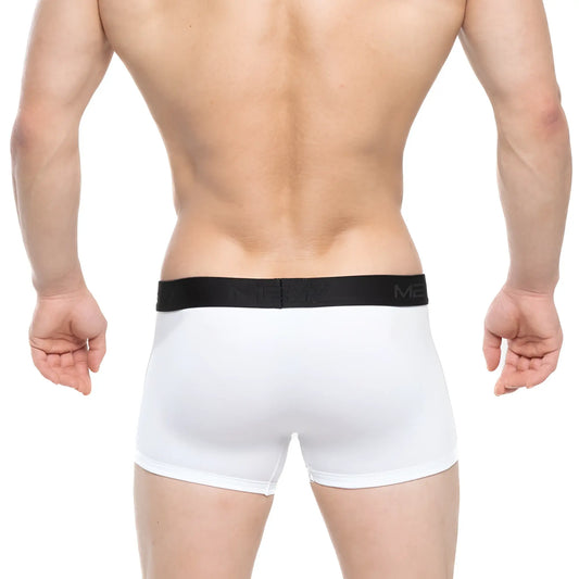 White men’s briefs with black elastic waistband featuring moro brand logo from metromalewear avalon boxer brief 3034-00