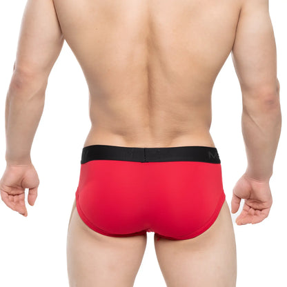 Red MetroMaleWear Avalon brief with black elastic waistband featuring m logo designed for comfortable support