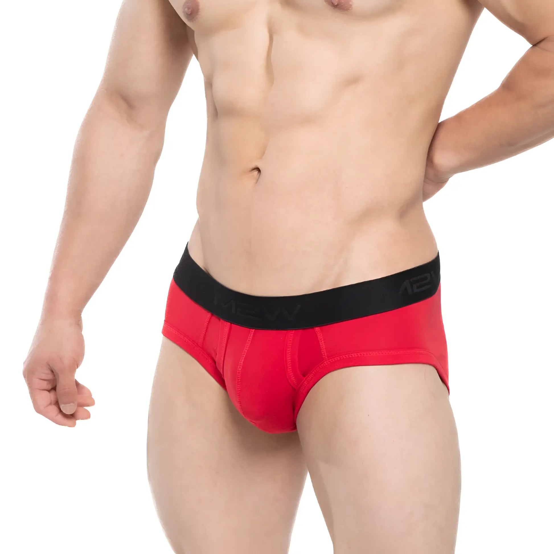 Red metro male wear avalon brief 3036-12 featuring black elastic waistband with mew brand logo