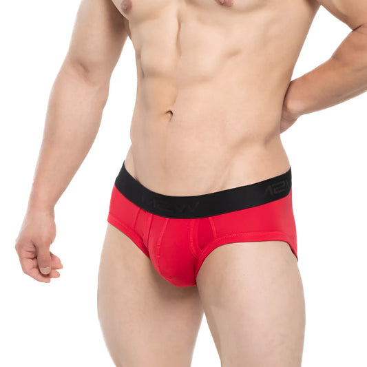 Red metro male wear avalon brief 3036-12 featuring black elastic waistband with mew brand logo