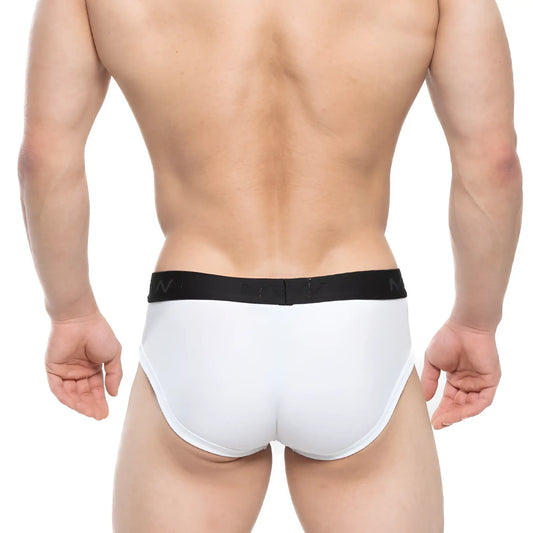 White metro male wear avalon brief with black elastic waistband featuring brand logo and cotton fabric