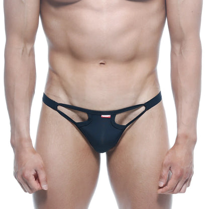 Black form-fitting MetroMaleWear Avant-garde bikini thong with sleek modern design and cut-out detailing visible from back