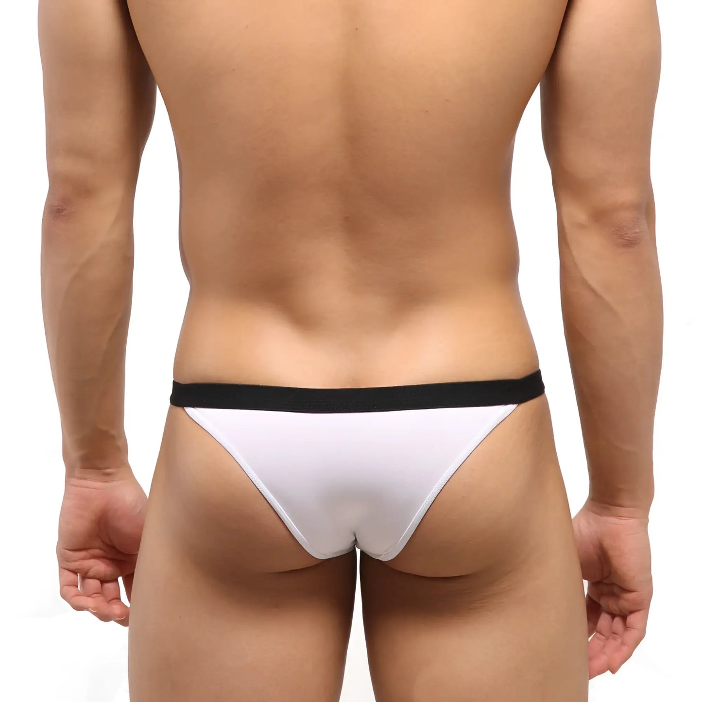 Metro malewear avantgarde bikini white thong with black waistband front view in soft stretch fabric