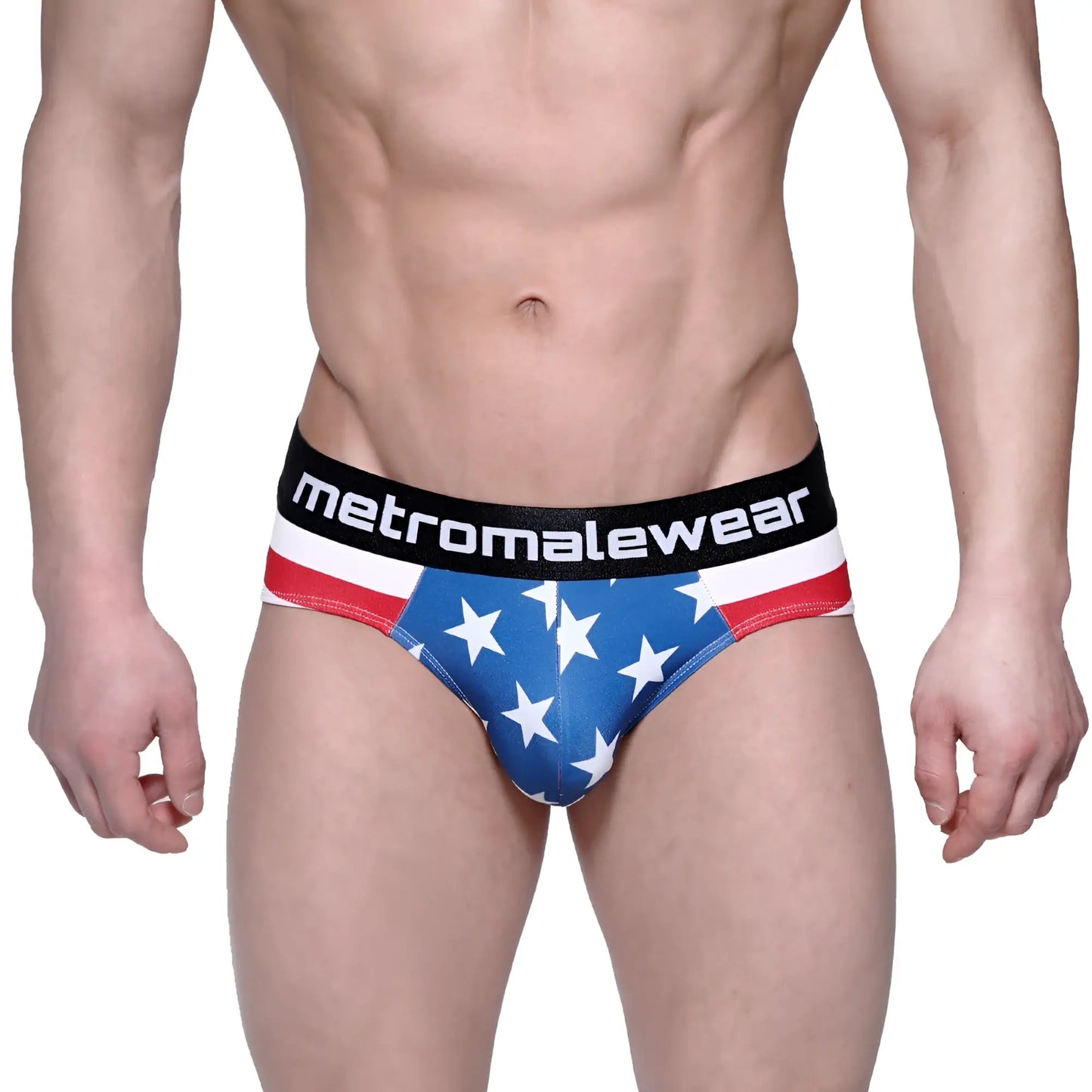 Metro malewear avengers hip brief 5003-93 blue american flag themed briefs with white stars red stripes and black waistband