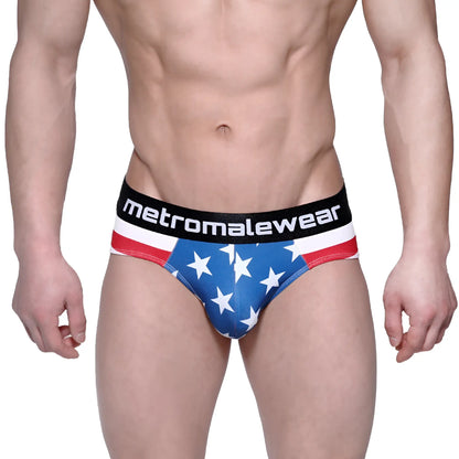 Metro malewear avengers hip brief 5003-93 blue american flag themed briefs with white stars red stripes and black waistband