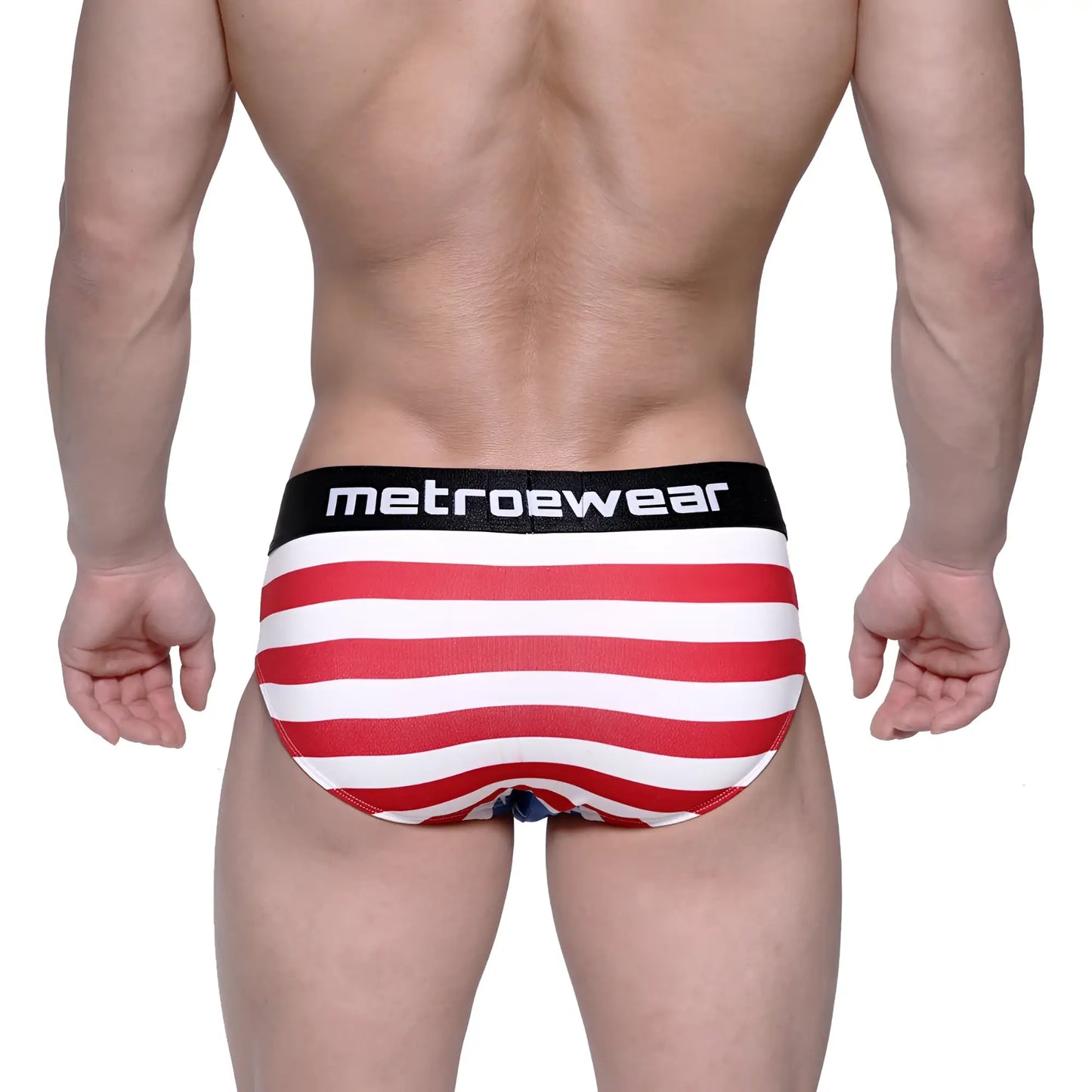 Red and white striped metroewear men’s briefs with black waistband metroMaleWear Avengers Hip Brief 5003-93