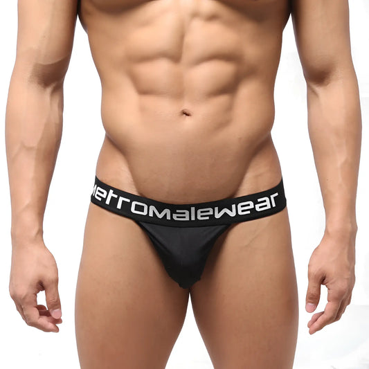 Black mens briefs with a white metromalewear logo on the waistband from metroMaleWear backless thong black 1102-20