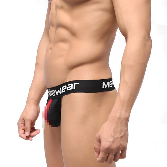 Black men’s briefs back side with white malewear waistband and red accent panel in metro malewear backless thong red 1102-30