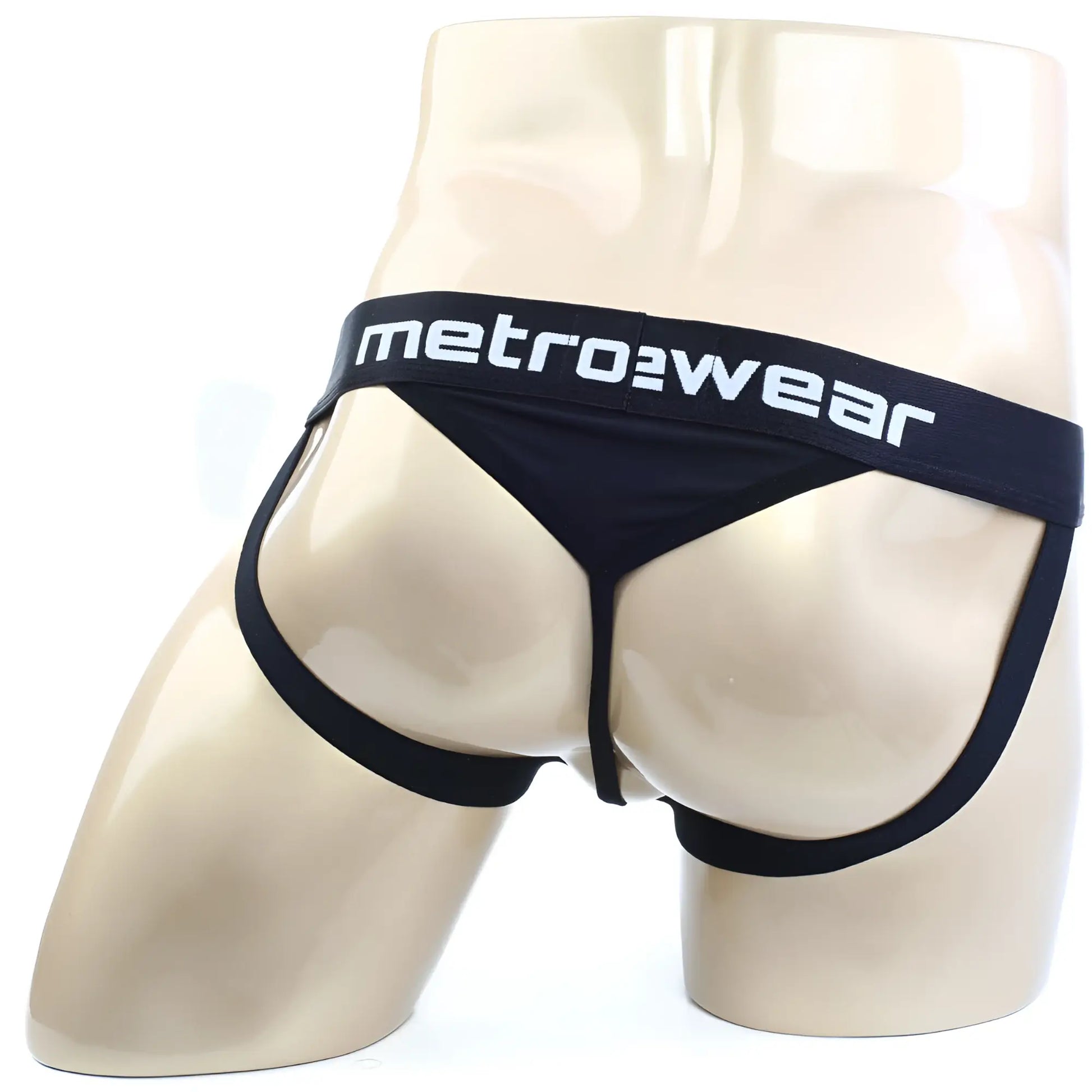 Black metrowear briefs with wide white lettered waistband and thin side straps in metro malewear ball holder jock strap design