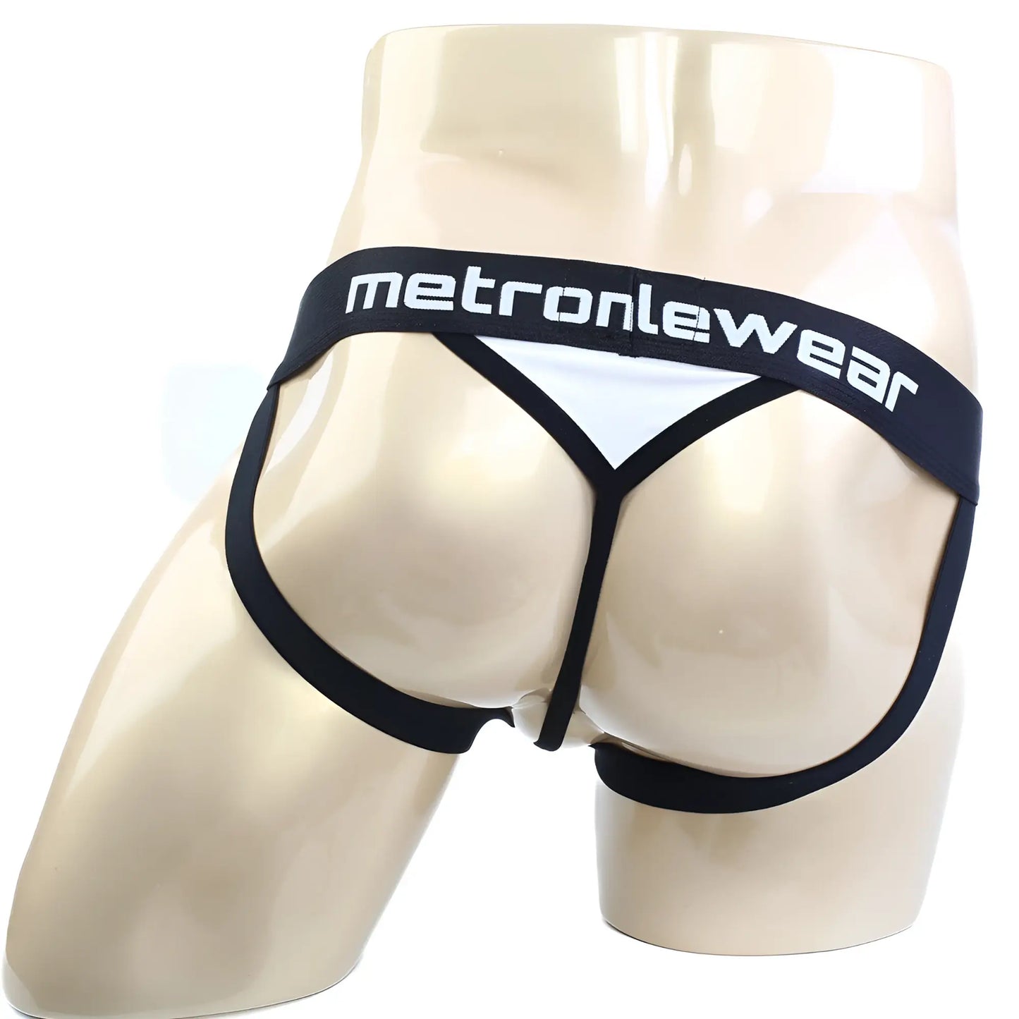 Black and white metromalewear ball holder jock strap with wide waistband featuring bold white brand lettering