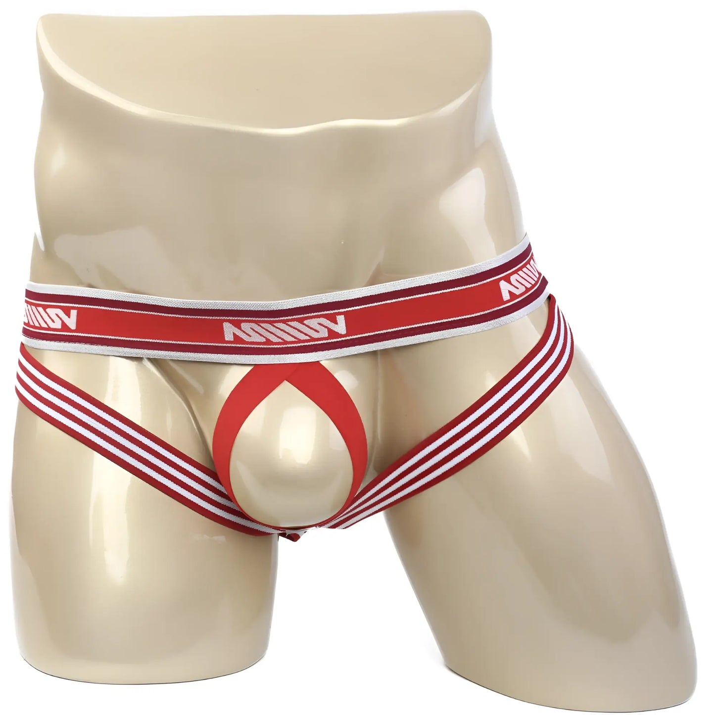 Red and white striped metro malewear ball lifter jock strap with central red ring and minov waistband branding