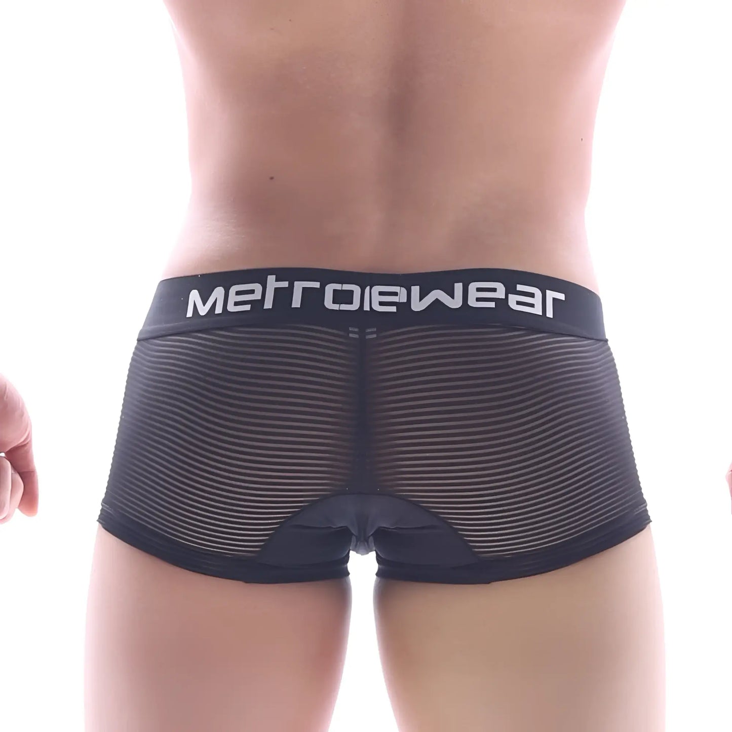 Black mesh metroMaleWear bar short boxer briefs with striped pattern and branded waistband 7 inch length