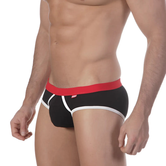 MetroMaleWear Bare lowrise brief black with red waistband white trim and Puma logo on the side