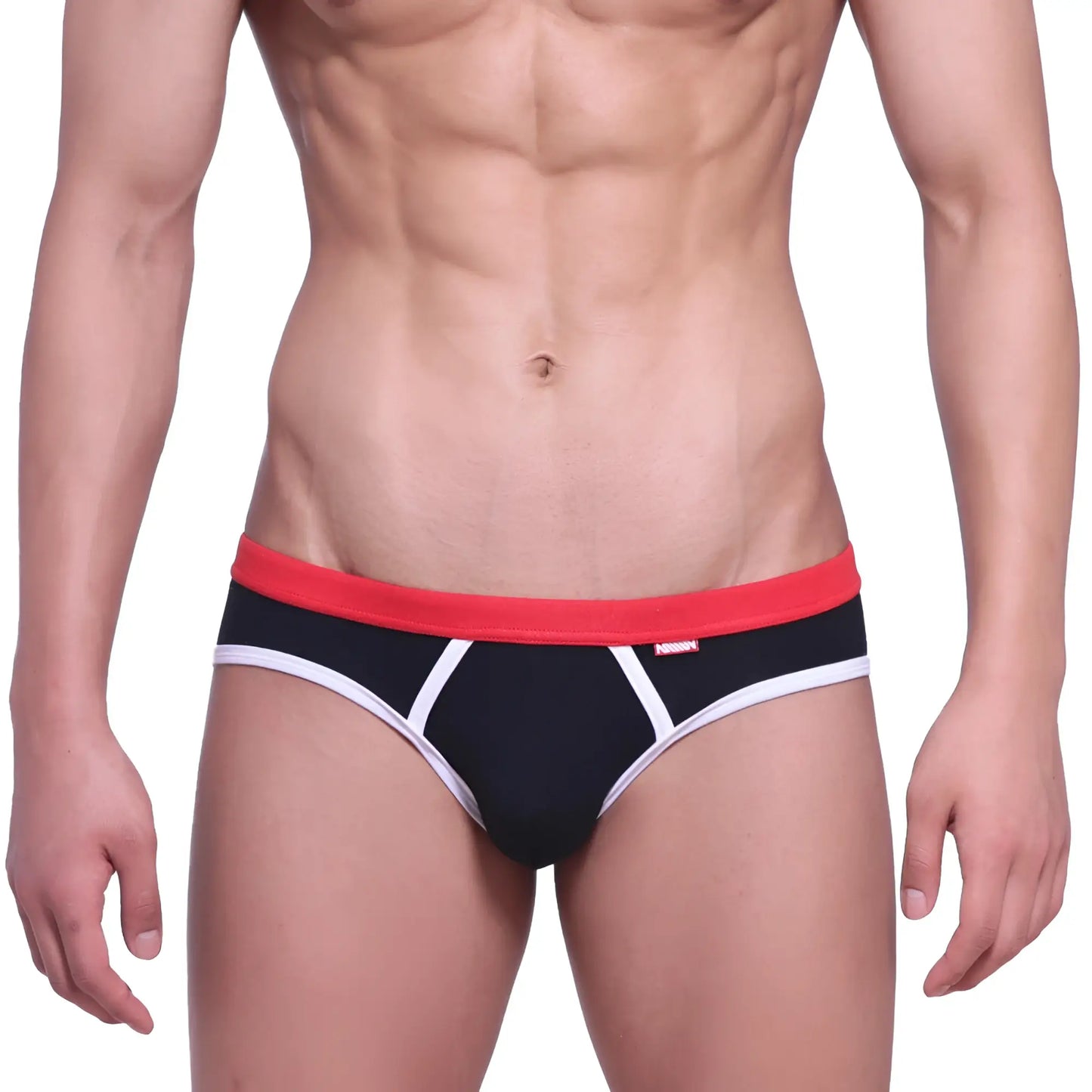 Black briefs with a red waistband and white trim featuring a subtle logo on the side from MetroMaleWear Bare Lowrise Jock Strap