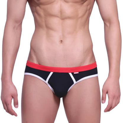 Black briefs with a red waistband and white trim featuring a subtle logo on the side from MetroMaleWear Bare Lowrise Jock Strap
