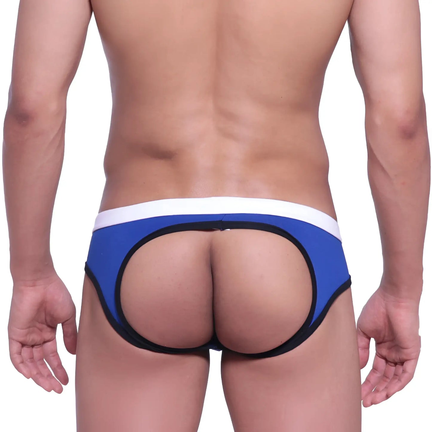 MetroMaleWear Bare lowrise jock strap in blue and white thong style with black trim for comfortable support