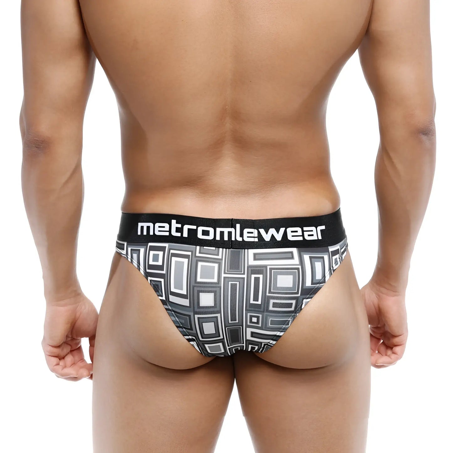 Metro malewear basalto half back bikini briefs in black and gray geometric pattern with black branded waistband