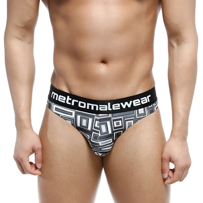 MetroMaleWear Basalto half back bikini briefs in black and gray geometric pattern with branded waistband