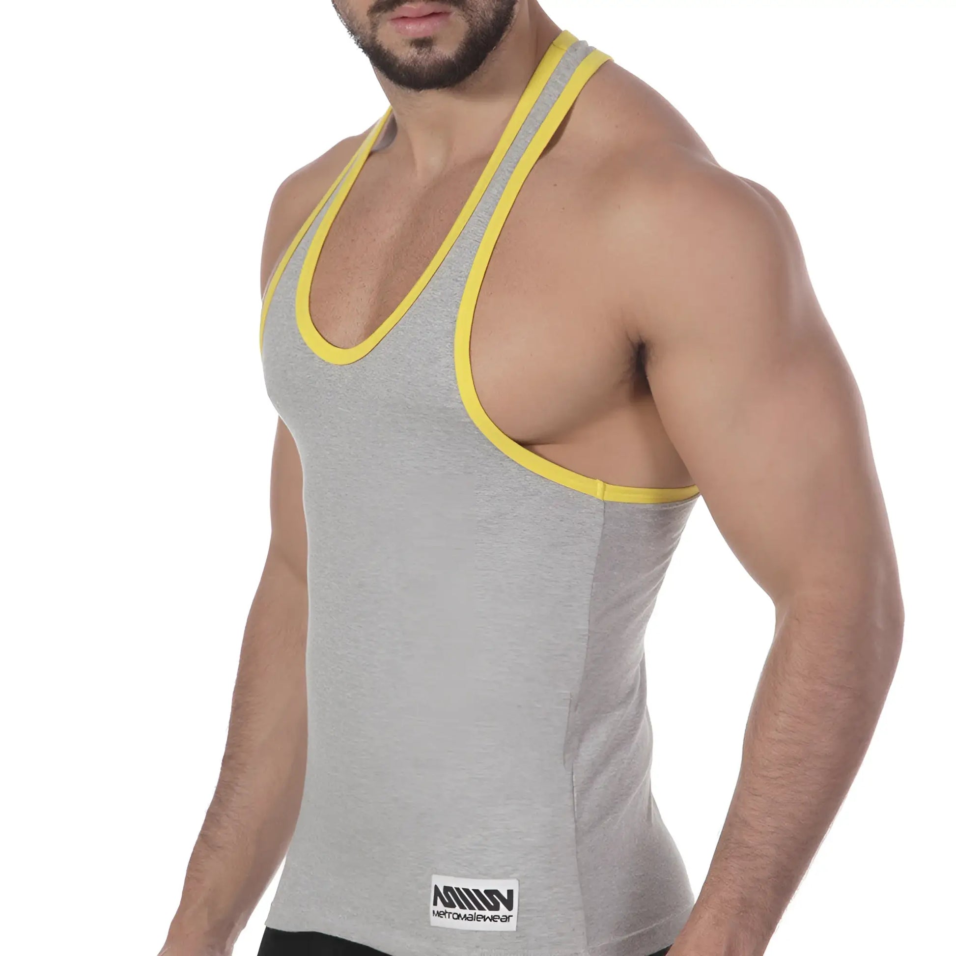 MetroMaleWear basic tank top grey with bright yellow trim gray heathered fabric sleeveless casual wear