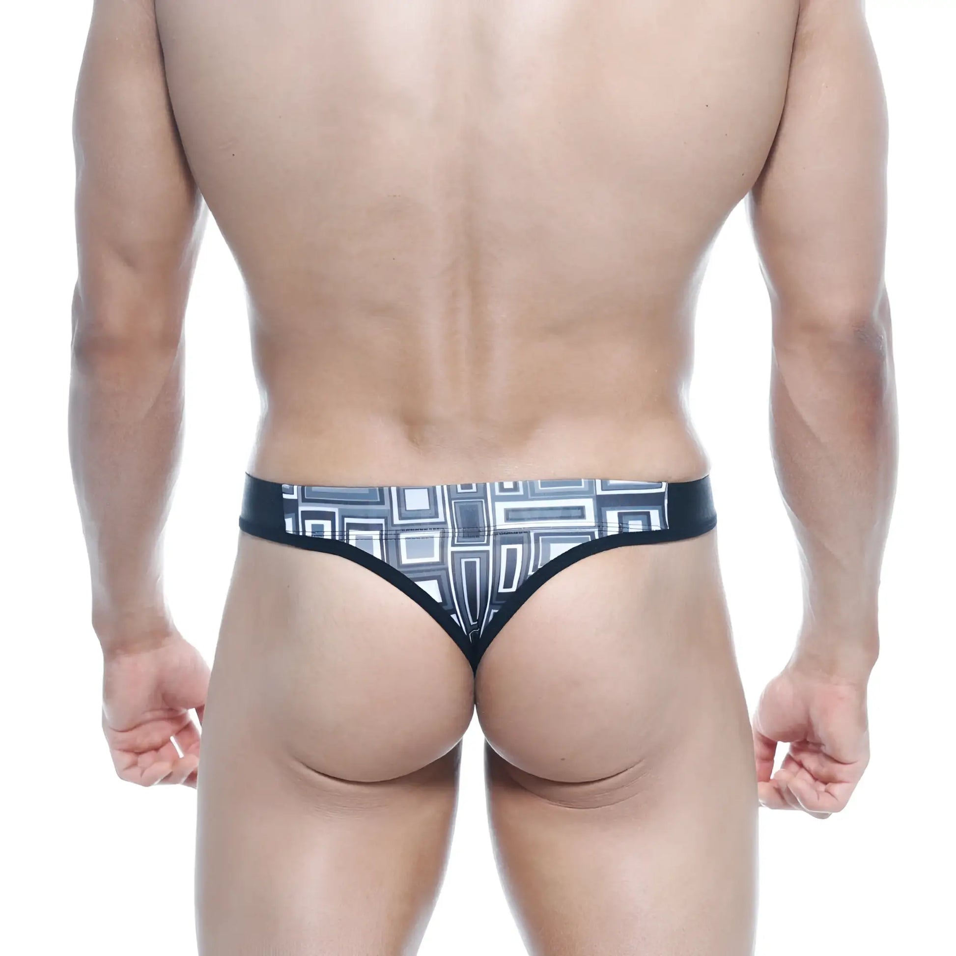 Black thong with white and gray geometric pattern from metromalewear basic thong basalto 2502-23 shown from front