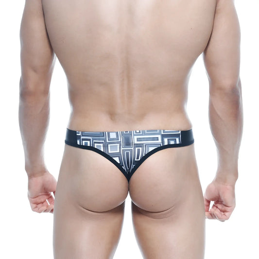Black thong with white and gray geometric pattern from metromalewear basic thong basalto 2502-23 shown from front