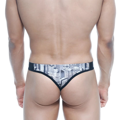 Black thong with detailed black and white cityscape print from MetroMaleWear basic thong Metro 2502-48