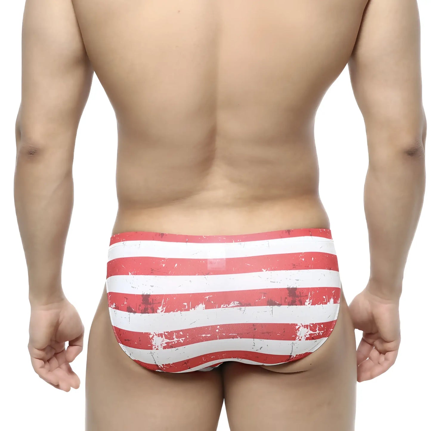 MetroMaleWear Batalla Bikini 5103-98 red and white striped swim trunks with distressed vintage flag-inspired design