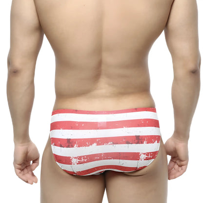 MetroMaleWear Batalla Bikini 5103-98 red and white striped swim trunks with distressed vintage flag-inspired design