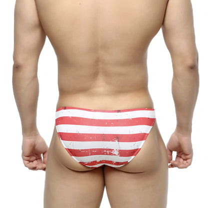 Red and white striped swim trunks with distressed vintage look by MetroMaleWear Batalla Hip Bikini 6003-95