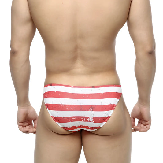 Red and white striped swim trunks with distressed vintage look by MetroMaleWear Batalla Hip Bikini 6003-95