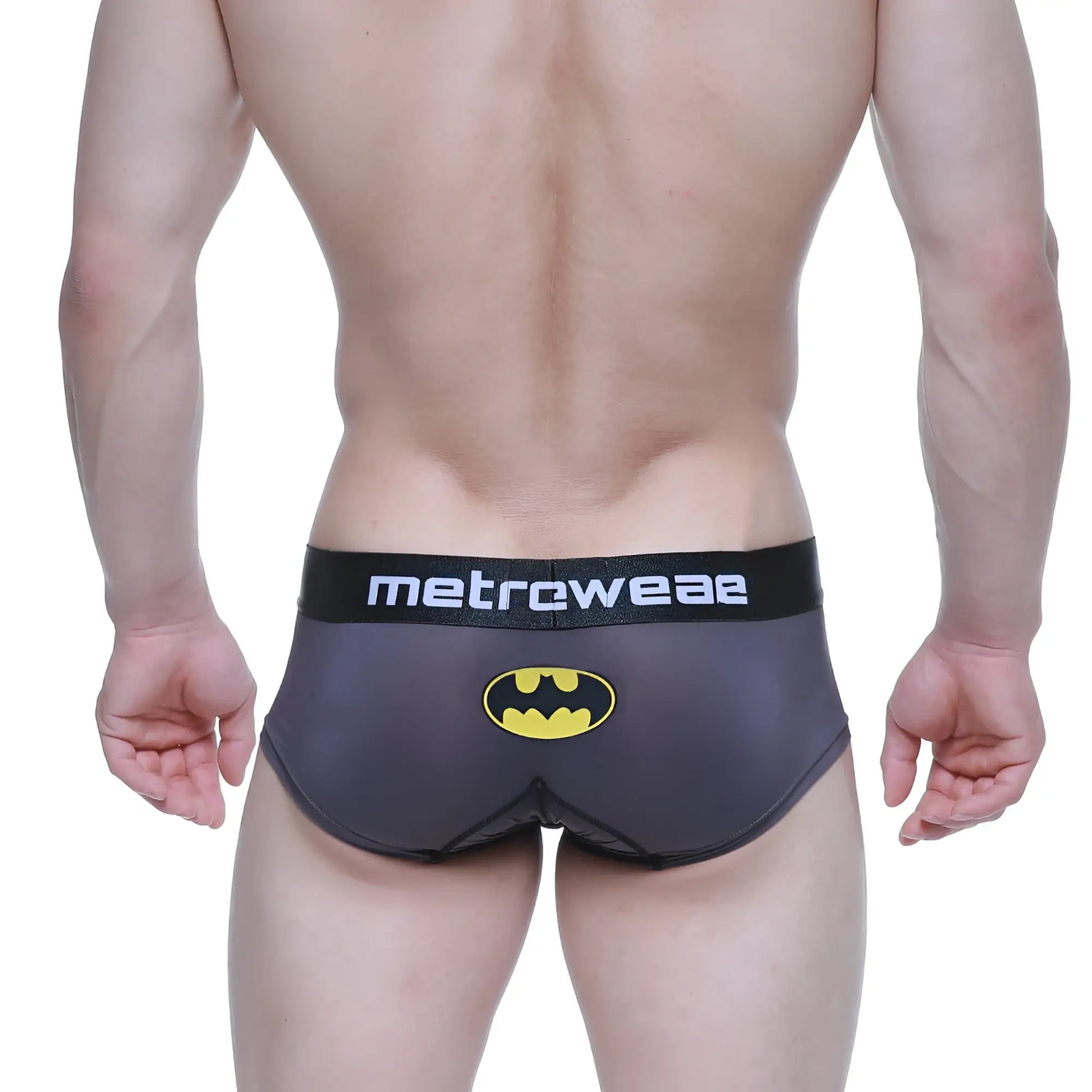 Black batman-themed metro male wear mini boxer briefs with yellow bat emblem and metroweave black waistband