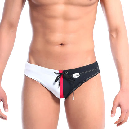 Metro male wear bella swim bikini white 4957-00 black and white swim trunks with red side stripe and black drawstring