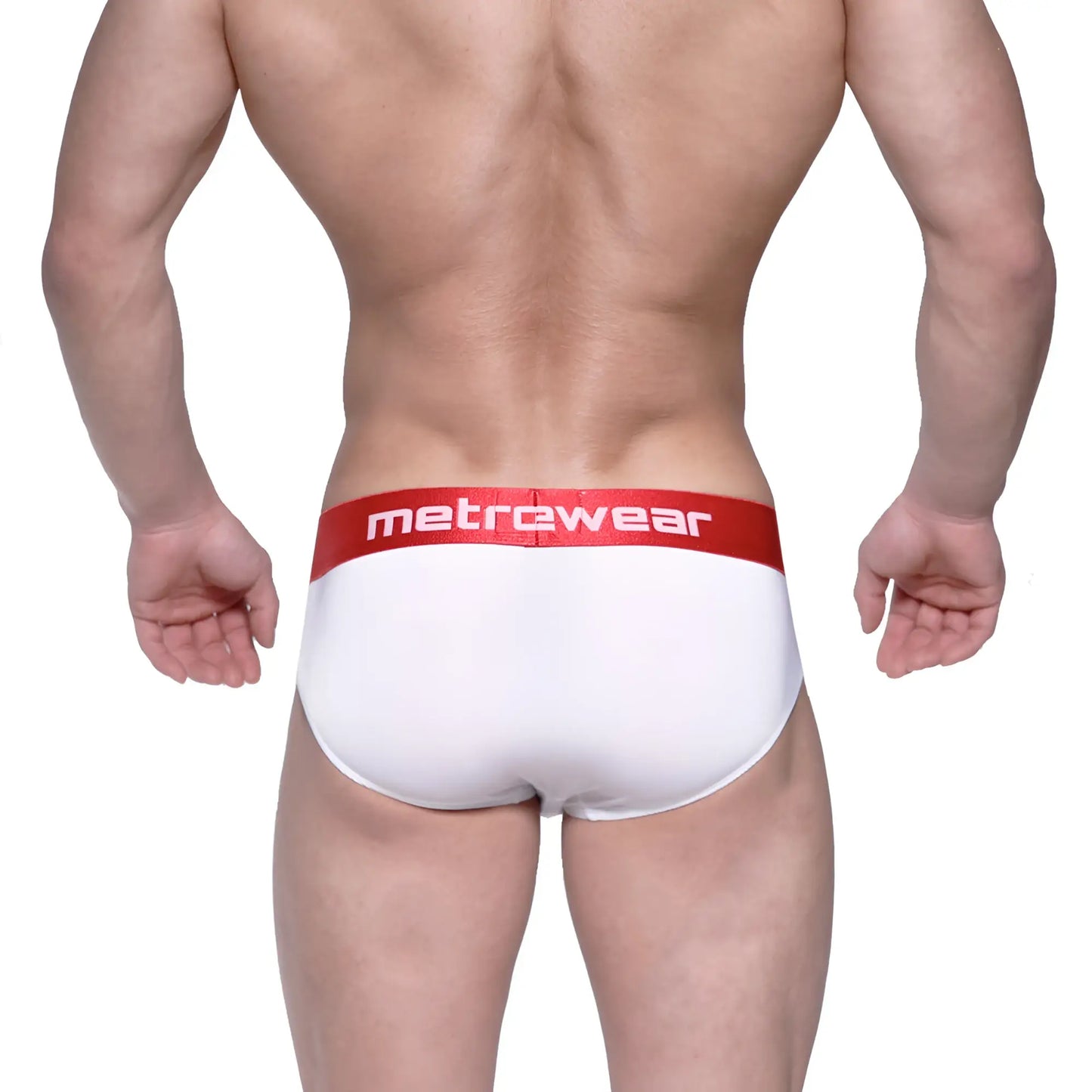 White men’s briefs with a red waistband featuring the metrewear logo in white metrocalewear benjamin hip brief 5003-02