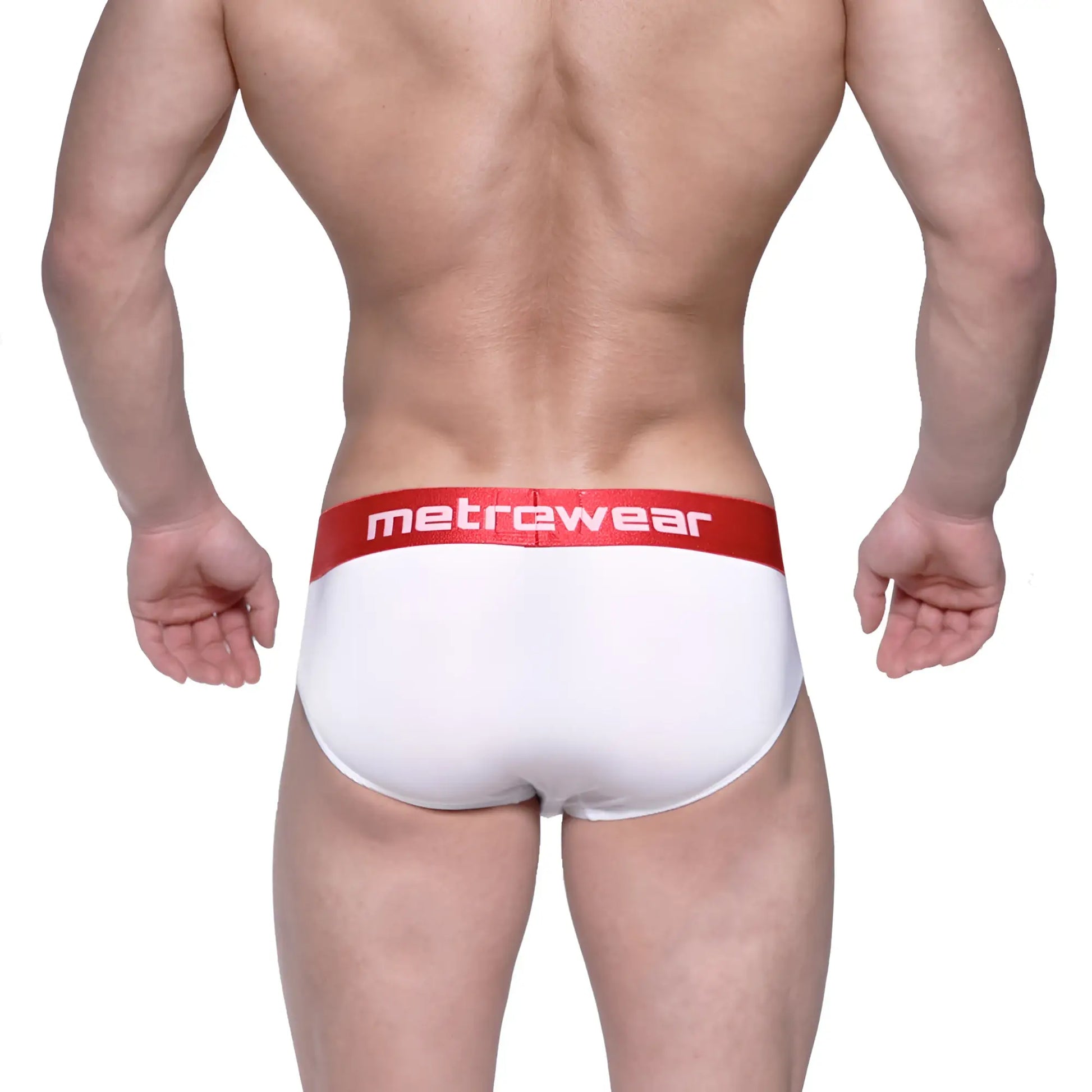 White men’s briefs with a red waistband featuring the metrewear logo in white metrocalewear benjamin hip brief 5003-02