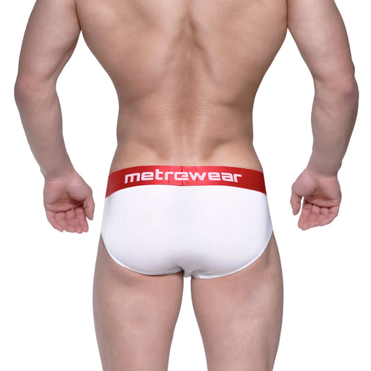 White men’s briefs with a red waistband featuring the metrewear logo in white metrocalewear benjamin hip brief 5003-02