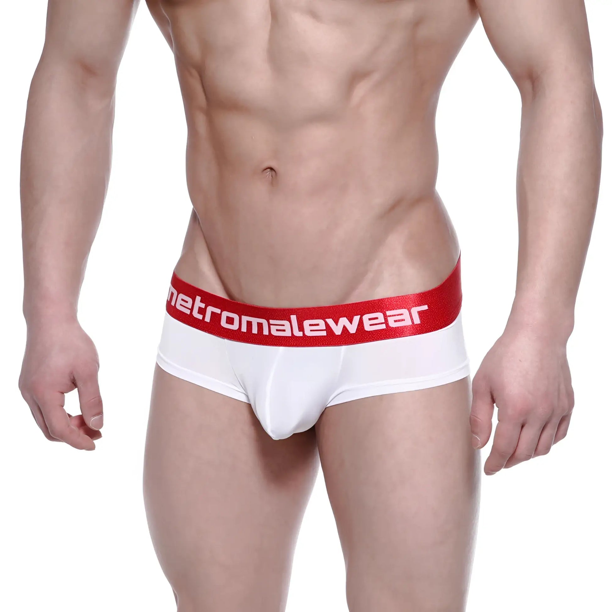 White men’s boxer briefs with red waistband and metromalewear logo in white from metroMalewear Benjamin mini cheek 2025-02
