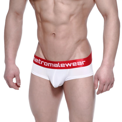 White men’s boxer briefs with red waistband and metromalewear logo in white from metroMalewear Benjamin mini cheek 2025-02